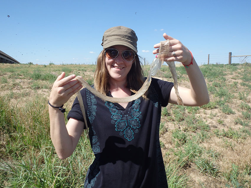 image of woman holding snake skin