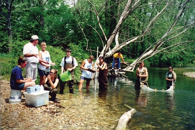 image of Blue Thumb team performing tests to monitor stream water quality